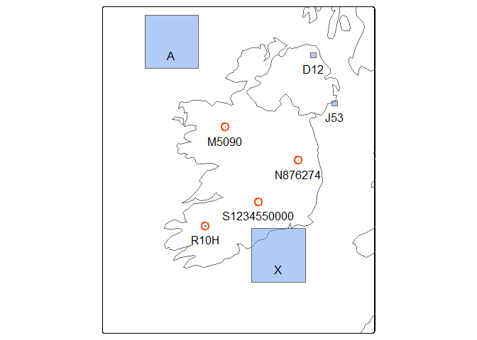 A map of Ireland with polygons spanning each sample grid reference. The polygons range in size from 100 km square to 1 m square.